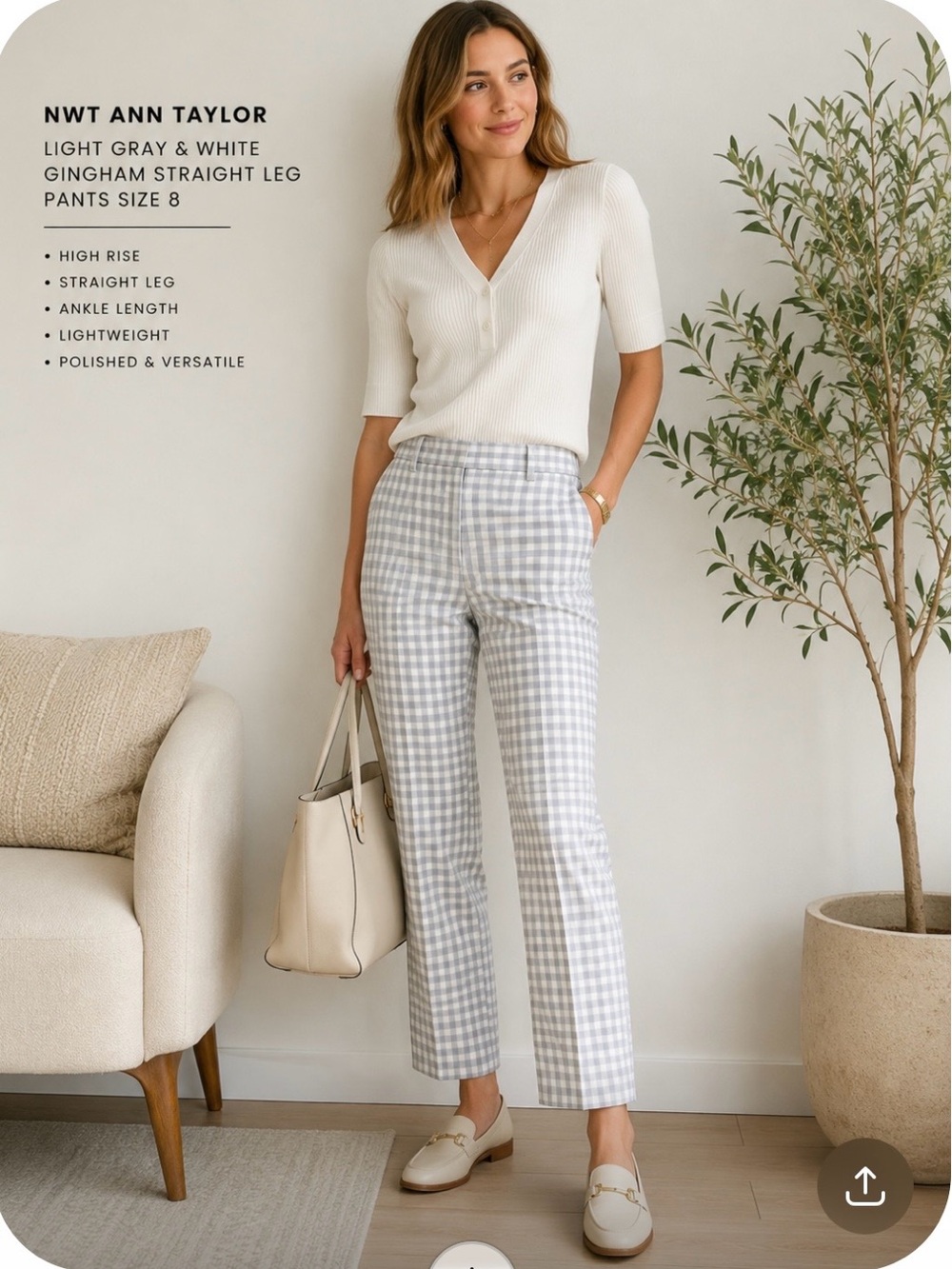 NWT Ann Taylor Light Gray and White Gingham Straight-Leg Women's Pants Size 8